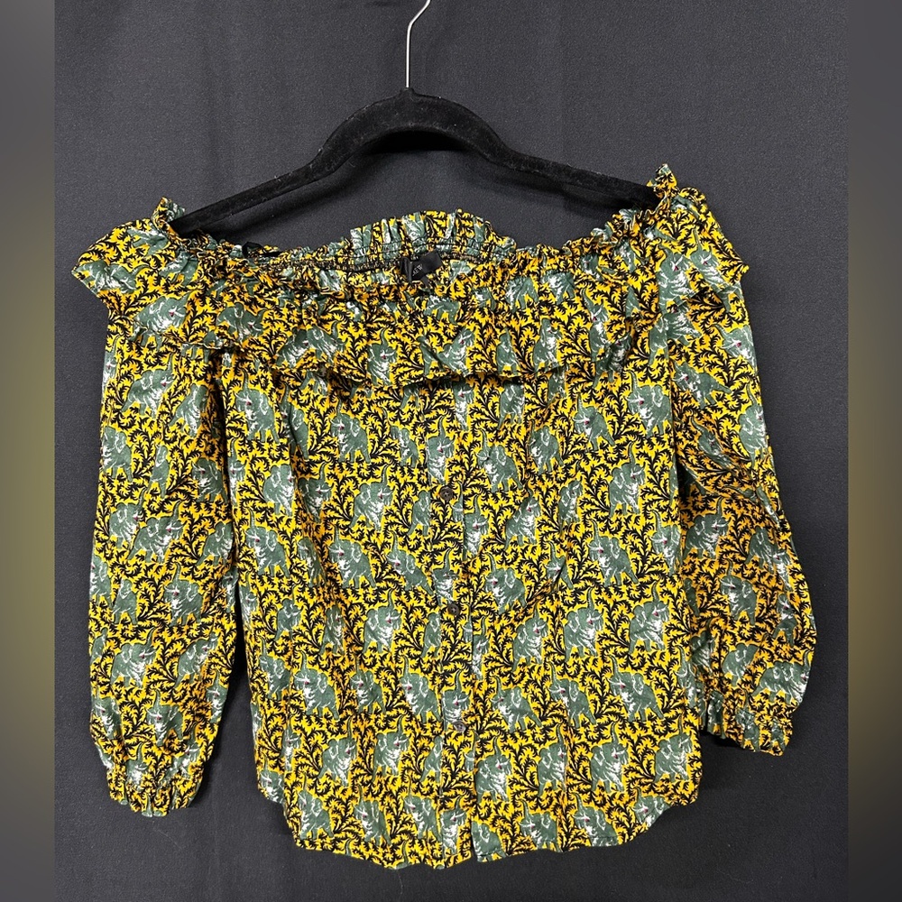 J. Crew Off-Shoulder Blouse - Green elephants and Yellow print